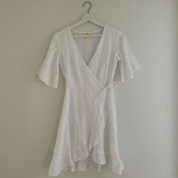 white eyelet wrap dress